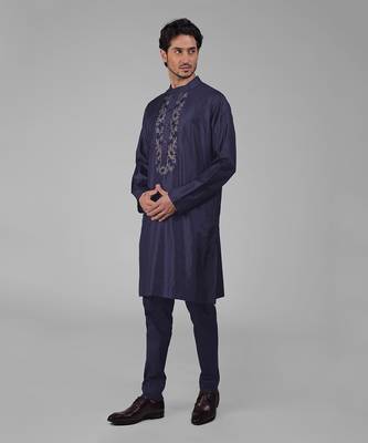 Ink blue silk floral embroidered kurta 5