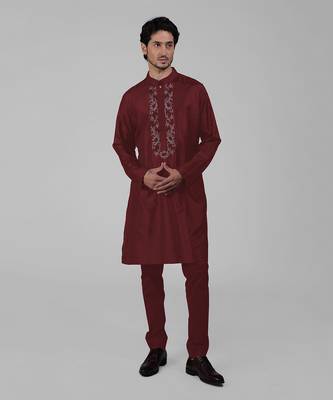 Maroon silk floral embroidered kurta 1