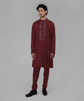 Maroon silk floral embroidered kurta 3