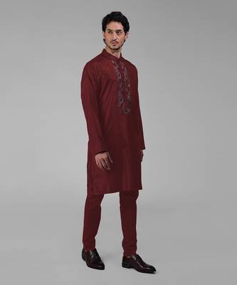 Maroon silk floral embroidered kurta 4