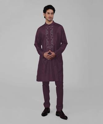 Wine silk floral embroidered kurta 1