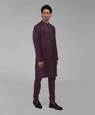 Wine silk floral embroidered kurta 4