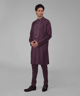 Wine silk floral embroidered kurta 5
