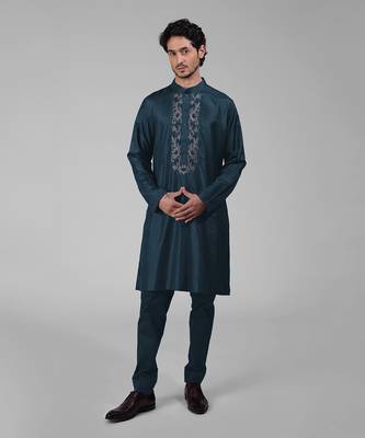 Teal silk floral embroidered kurta 1