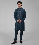 Teal silk floral embroidered kurta