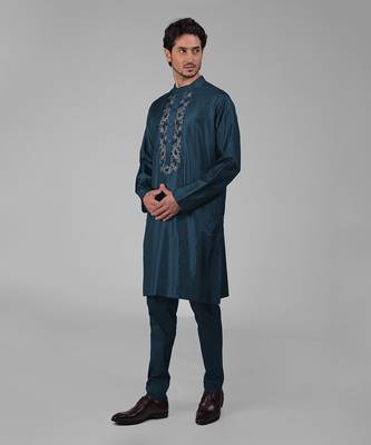 Teal silk floral embroidered kurta 2
