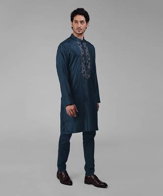 Teal silk floral embroidered kurta 3