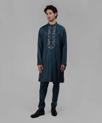 Teal silk floral embroidered kurta 5