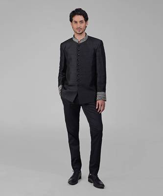 Black zardozi hand embroidered silk bandhgala jacket 1