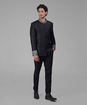 Black zardozi hand embroidered silk bandhgala jacket 2