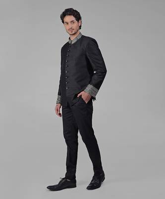 Black zardozi hand embroidered silk bandhgala jacket 3