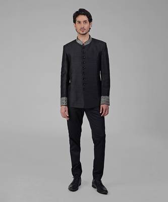 Black zardozi hand embroidered silk bandhgala jacket 4