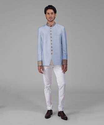 Dusty blue zardozi hand embroidered silk bandhgala jacket 1