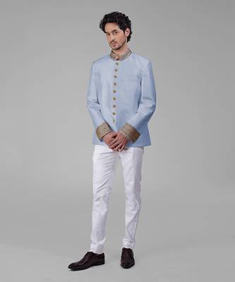 Dusty blue zardozi hand embroidered silk bandhgala jacket 2