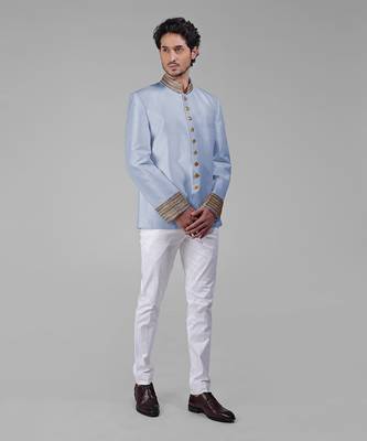 Dusty blue zardozi hand embroidered silk bandhgala jacket 3
