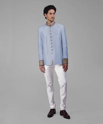 Dusty blue zardozi hand embroidered silk bandhgala jacket 5