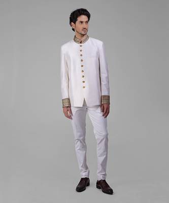 Ivory & gold zardozi hand embroidered silk bandhgala jacket 1