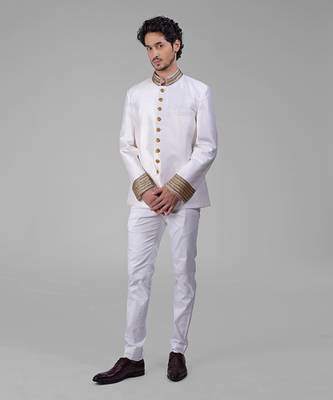 Ivory & gold zardozi hand embroidered silk bandhgala jacket 2