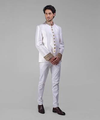Ivory & gold zardozi hand embroidered silk bandhgala jacket 3