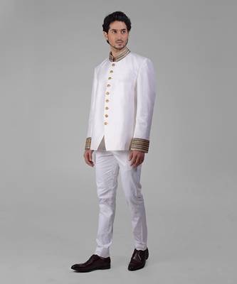 Ivory & gold zardozi hand embroidered silk bandhgala jacket 5
