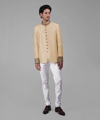 Gold zardozi hand embroidered silk bandhgala jacket 1