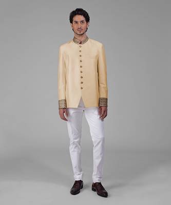 Gold zardozi hand embroidered silk bandhgala jacket 3