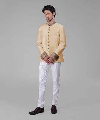 Gold zardozi hand embroidered silk bandhgala jacket 4