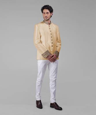 Gold zardozi hand embroidered silk bandhgala jacket 5