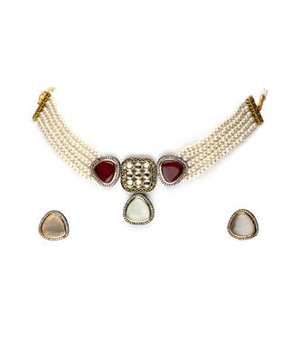 White pearls with red glass stones multi layer necklace set 1