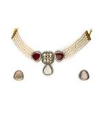 White pearls with red glass stones multi layer necklace set