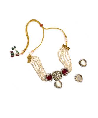 White pearls with red glass stones multi layer necklace set 2