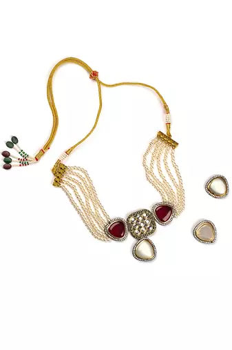 White pearls with red glass stones multi layer necklace set