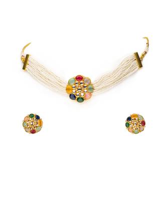 Multi color glass stones white multi layer pearl necklace set 1
