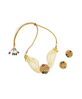 Multi color glass stones white multi layer pearl necklace set 2