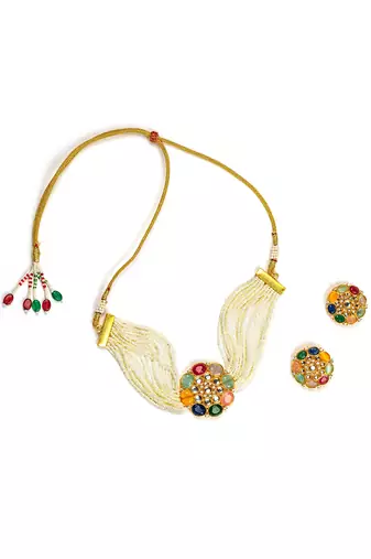 Multi color glass stones white multi layer pearl necklace set
