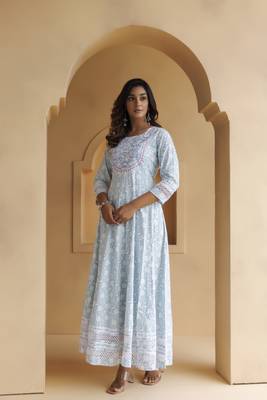   Sky Blue Cotton Floral Embroidered Long Dress 1