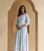 Geroo Jaipur Sky-Blue Cotton Floral Embroidered Long Dress