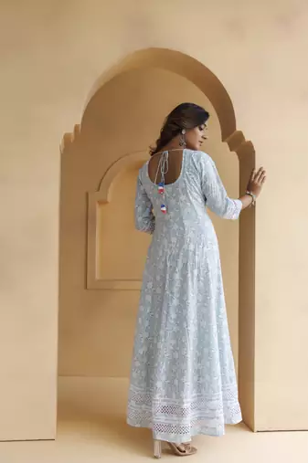   Sky Blue Cotton Floral Embroidered Long Dress