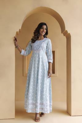   Sky Blue Cotton Floral Embroidered Long Dress 3