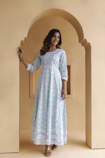   Sky Blue Cotton Floral Embroidered Long Dress