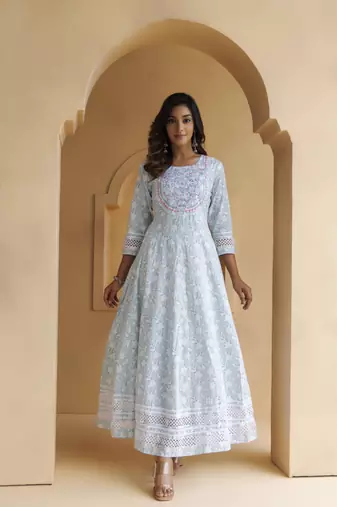   Sky Blue Cotton Floral Embroidered Long Dress
