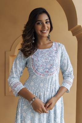   Sky Blue Cotton Floral Embroidered Long Dress 5