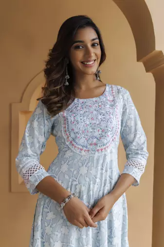   Sky Blue Cotton Floral Embroidered Long Dress