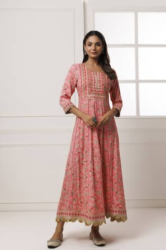 Geroo Jaipur Pink Cotton-Rayon Embroidered Long Dress
