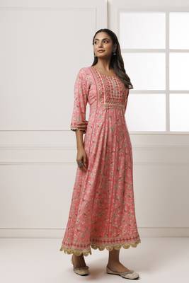   Pink Cotton Rayon Embroidered Long Dress 2
