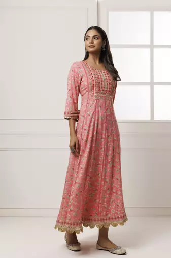   Pink Cotton Rayon Embroidered Long Dress