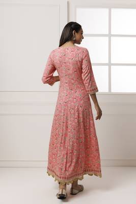   Pink Cotton Rayon Embroidered Long Dress 3