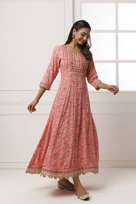   Pink Cotton Rayon Embroidered Long Dress 4