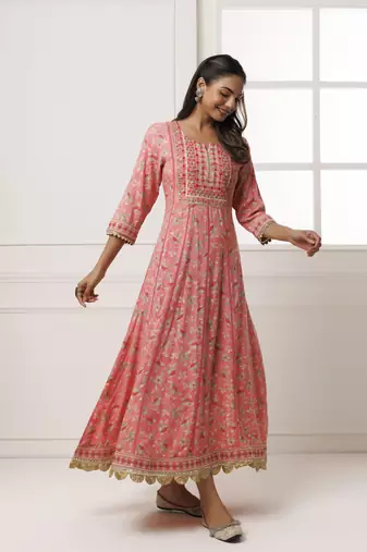   Pink Cotton Rayon Embroidered Long Dress