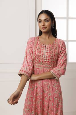   Pink Cotton Rayon Embroidered Long Dress 5